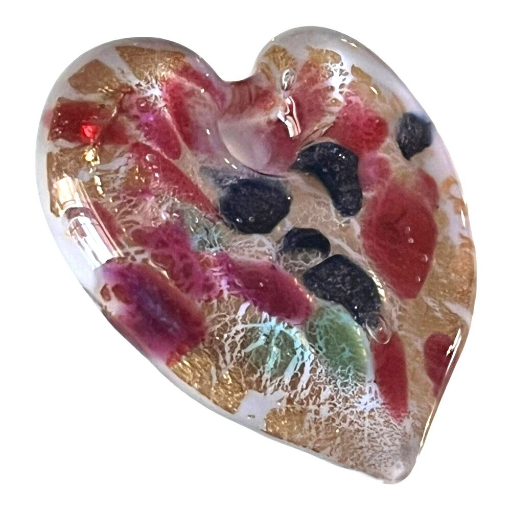 Murano Glass Heart Pendant 2" Necklace Ornament Multi Color Gold Metal Foil